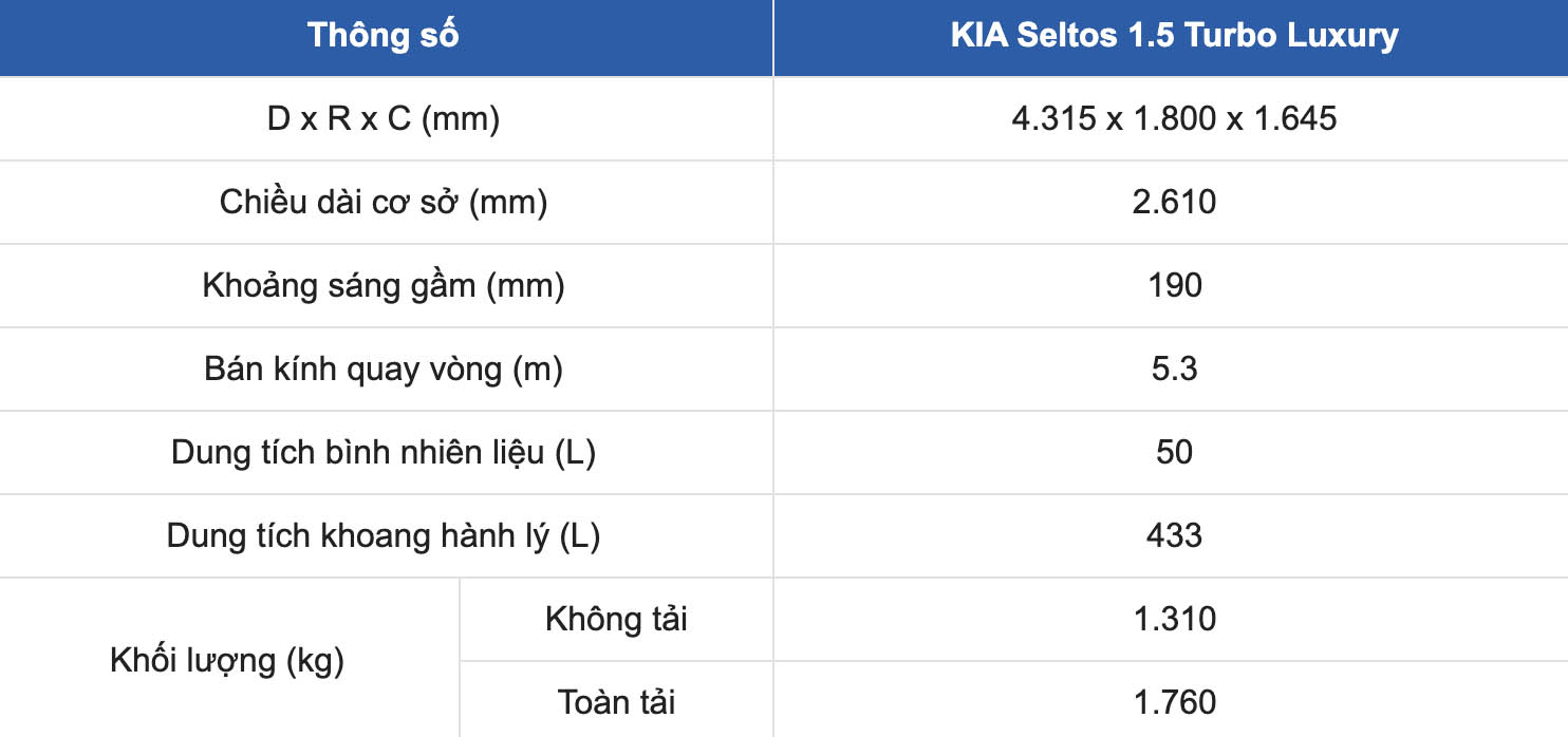 Thông số kỹ thuật xe KIA Seltos 1.5 Turbo Luxury: Kích thước - Trọng lượng. Ảnh: Chụp màn hình